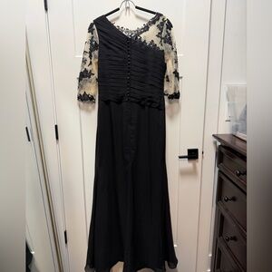 Black Long-Sleeve Evening Dress with Ivory Lace Accents